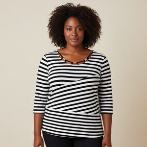 Alfred Dunner Black and White Striped 3/4 Sleeve Top Size 1X